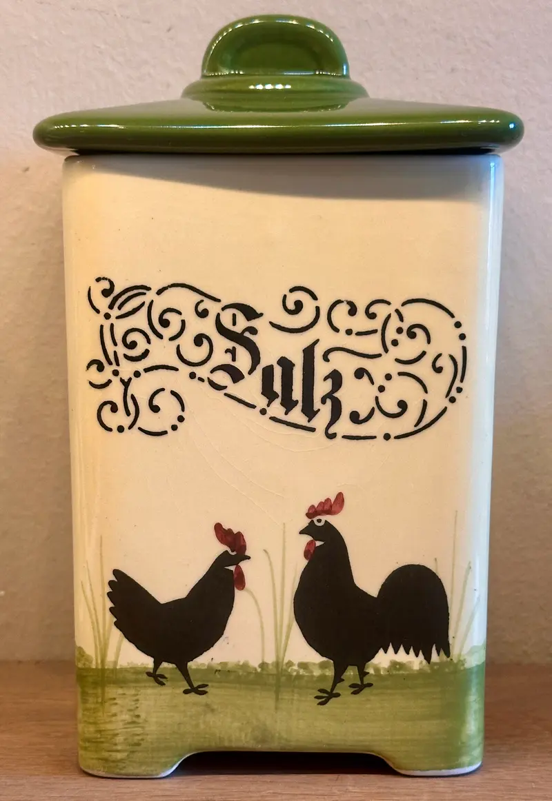 Voorraadpot - Zeller faience Germany (ouder stempel) - decor Hahn & Henne (Rooster & Hen) met opschrift SALZ- handbeschilderd