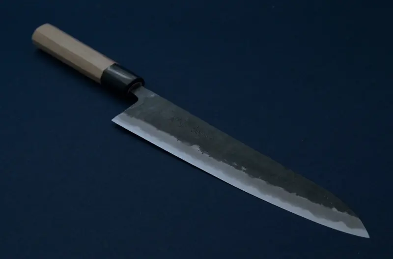 Yamawaki blue 2 kurouchi gyuto 210 with an octagonal ho wood and buffalo horn handle