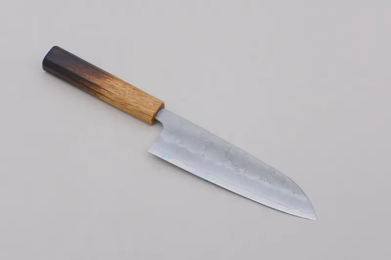 Yamawaki ginsan nashiji santoku 165 with a burnt lacquered octagonal oak handle